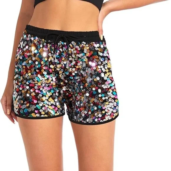 NWOT Sparkling Multicolor Sequin High Waist Shorts - Picture 1 of 7